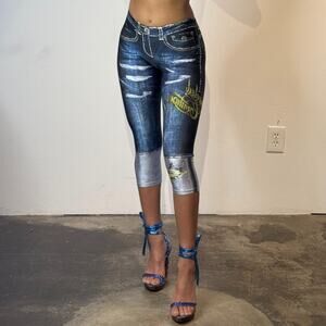 Vintage Blue Capri Jeggings with Rhinestones L